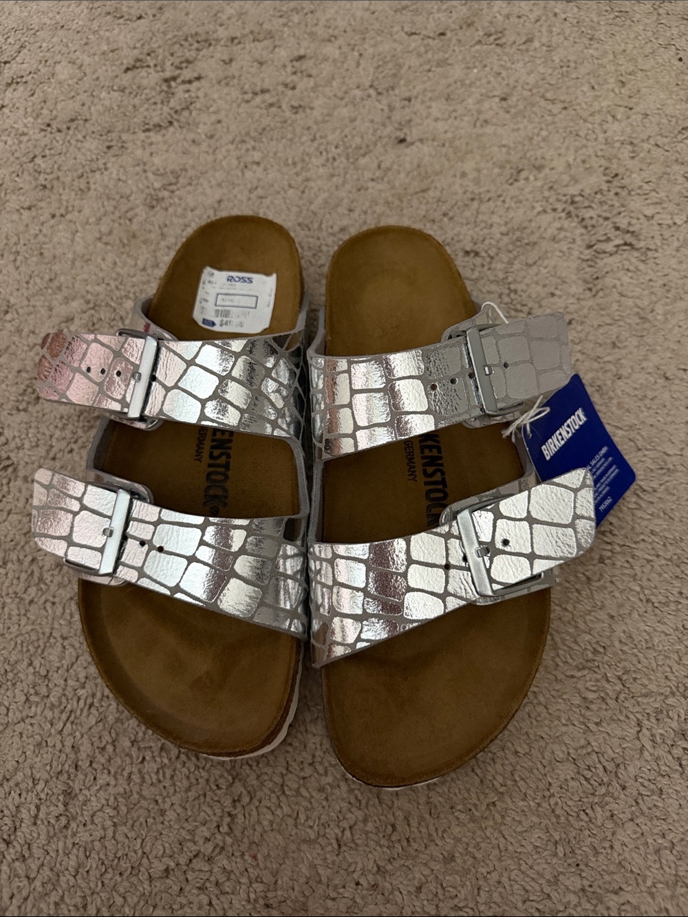 Birkenstock Metallic Silver Croc-Embossed Two-Strap Sandals